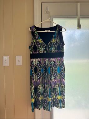 dressbarn Sleeveless V-Neck Paisley Midi Dress in Black, Purple and Teal
